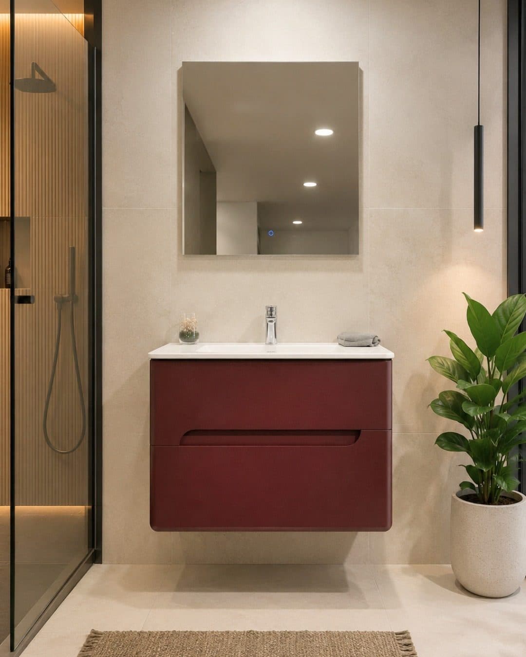 Casa de banho com móvel suspenso vermelho e revestimento cerâmico bege